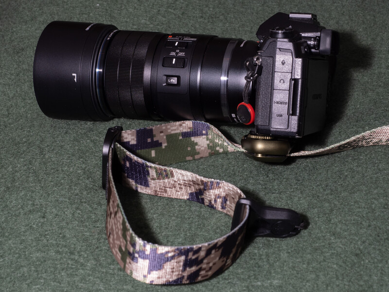 Mirrorless camera with telephoto lens and digital camouflage neck strap on green surface.