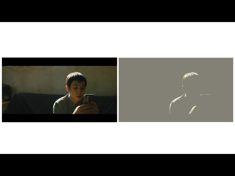 Side-by-side comparison showing original film footage and high-contrast posterized version of a person's face and shoulders.