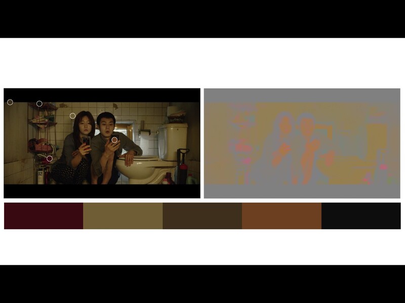 Color palette and film stills comparing warm interior lighting and muted tones.