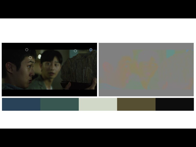 Screenshot showing color palette extraction from a film scene with three figures.