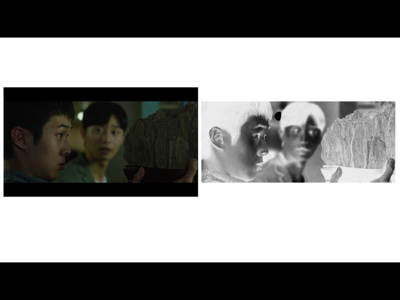 Side-by-side film stills comparison: left showing color footage of three men in indoor lighting, right showing high-contrast black and white footage of faces.