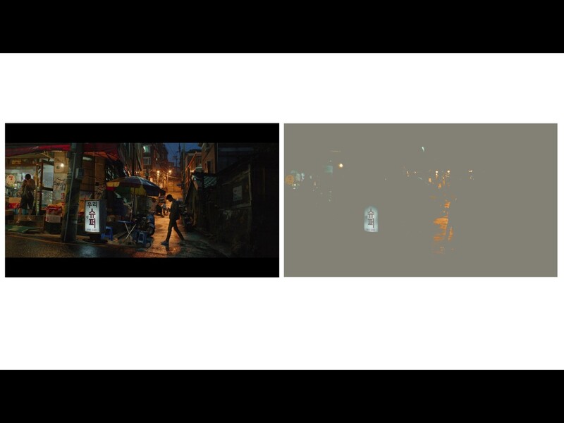 Side-by-side comparison showing original night street photography on left and desaturated, processed version on right.