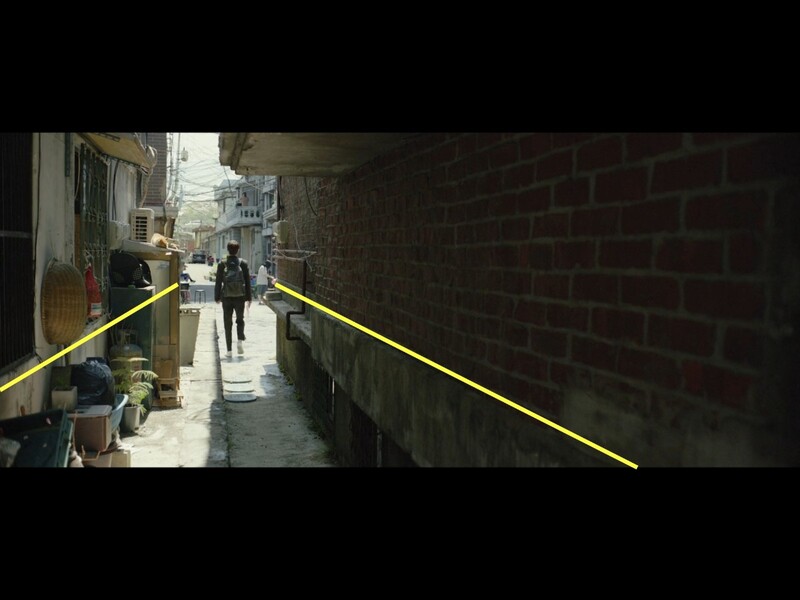 Narrow urban alley framed by yellow lines converging toward distant figures and buildings.