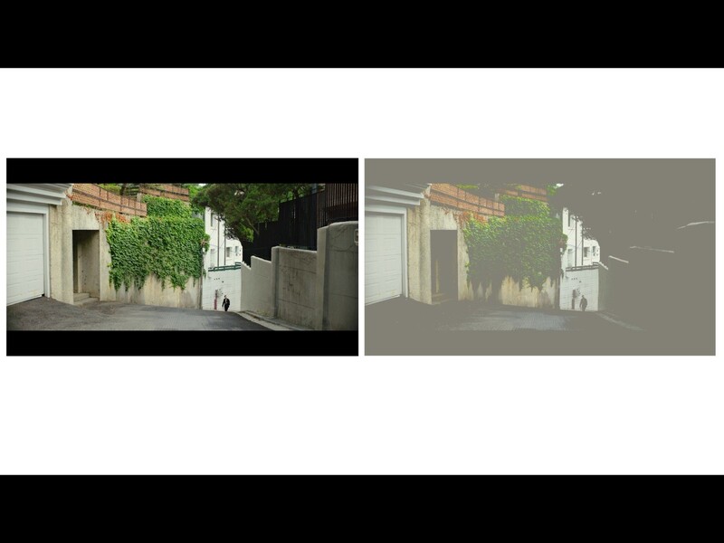 Side-by-side comparison of architectural photograph showing original color image and desaturated exposure preview.
