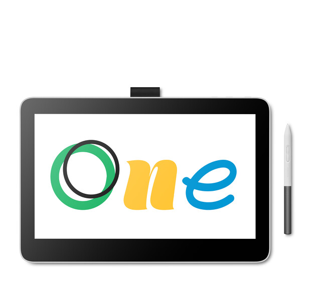 Illustration of the word 'one' displayed on a tablet screen with colorful letters in green, yellow, and blue.