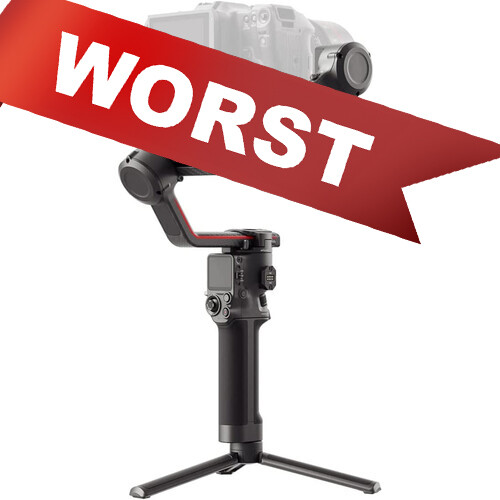 Gimbal stabilizer mounted on tripod with red banner labeled 'WORST' overlaid diagonally.