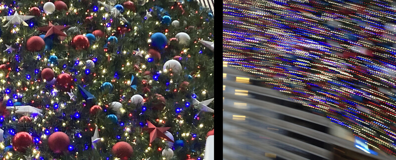 My son's photo of Christmas decorations on a tree in the city on the left (taken with a 2nd-generation iPhone SE) and my daughter's take on the same on the right (taken with an iPhone 5)