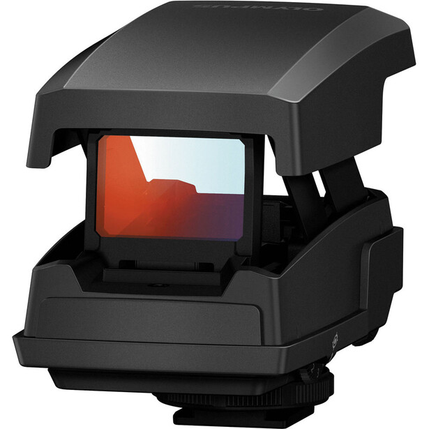 Illustration of a vintage instant film camera with an open film compartment displaying a red and purple gradient photograph.