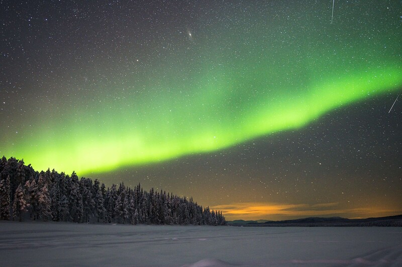 Aurora borealis sweeping across a starlit sky above a snow-covered landscape with coniferous forest.