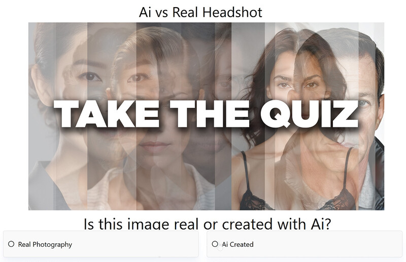 Screenshot of an AI versus real headshot comparison quiz interface with multiple portrait images.