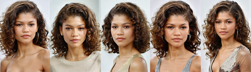 Five portrait headshots of a woman with curled brown hair in different poses and expressions.