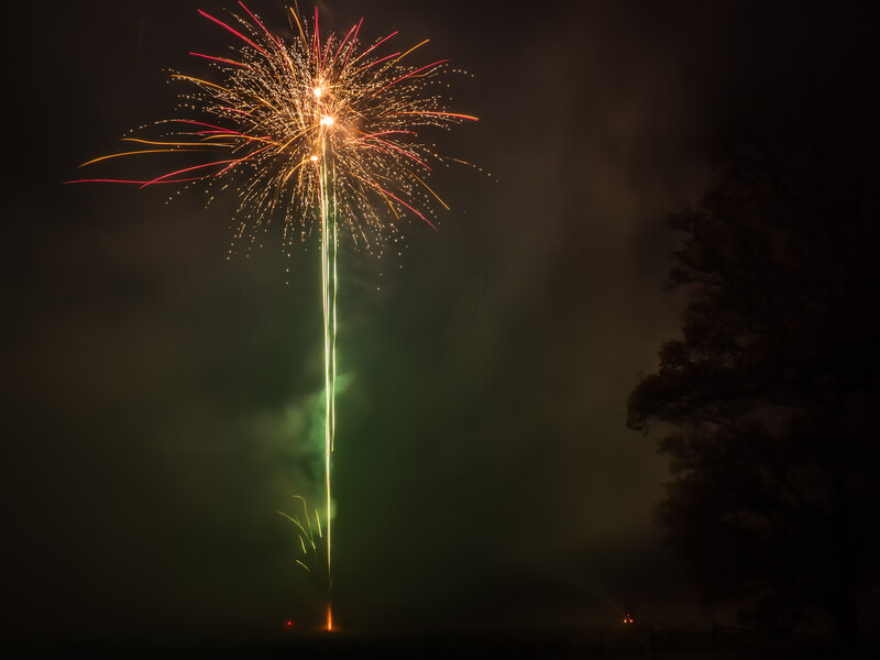 Firework burst with golden sparks radiating from a bright center above a dark landscape.