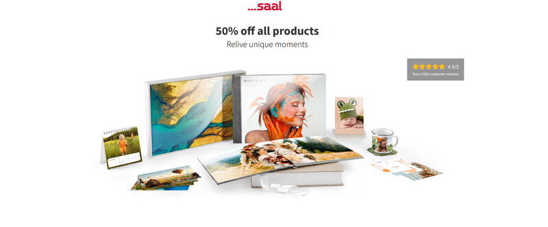 Product mockup display showing various photo printing options including canvas, prints, and a mug arranged on white surface.