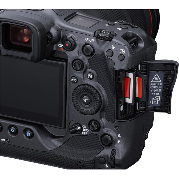Professional cinema camera with dual SD card slots and control interface visible on right side panel.
