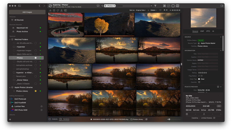 Screenshot of a photo management interface displaying a grid of landscape photographs with golden hour lighting.