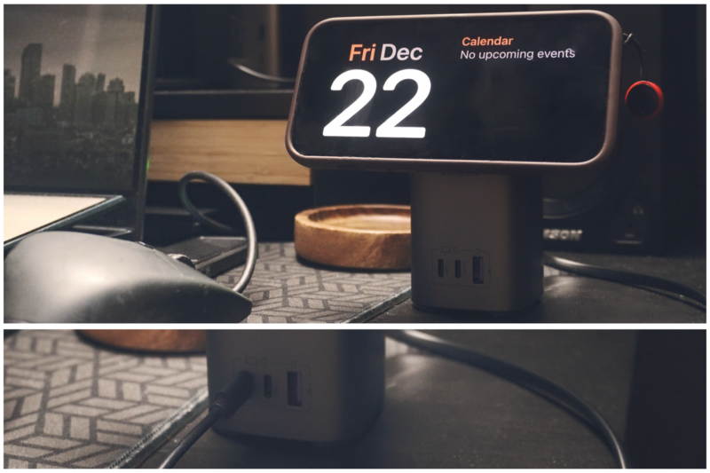 Smart display showing December 22 calendar with no upcoming events, surrounded by desk workspace items.
