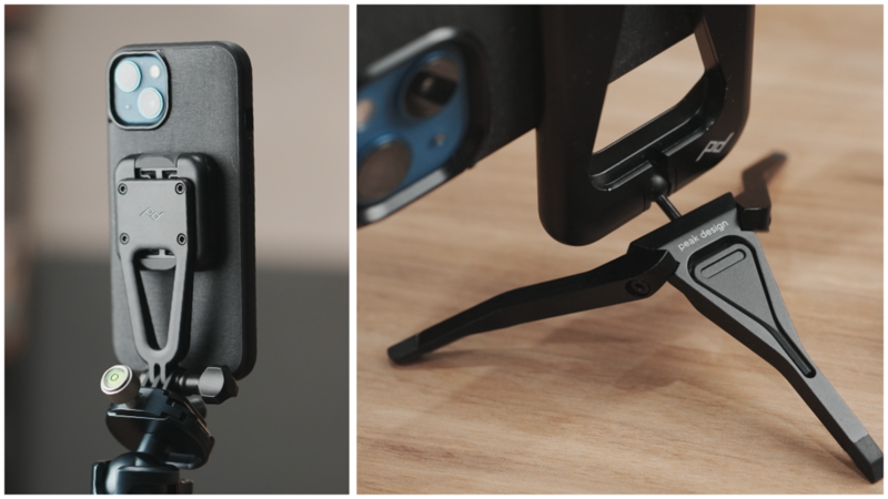 Phone case with integrated tripod mount attached to a small tabletop tripod.