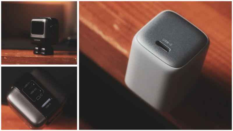 Product photography of a compact electronic device shown from multiple angles with warm studio lighting.