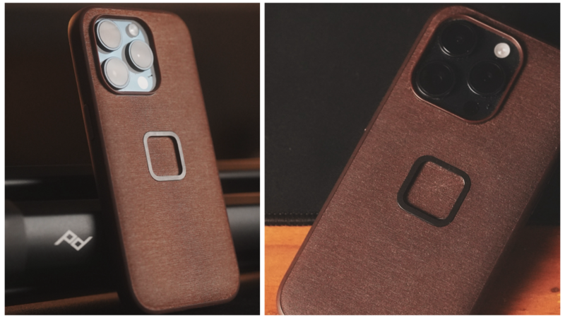 Brown leather phone case with square cutout detail shown from two angles against dark background.