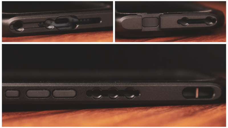 Close-up detail shots of a black camera body showing button and control layouts from multiple angles.