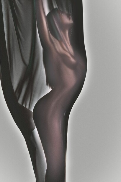 Nude figure with translucent fabric draped across torso against neutral background.