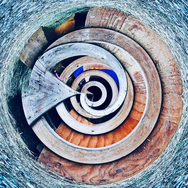 Concentric spiral composed of weathered wood rings with blue, black, and orange striped center detail.