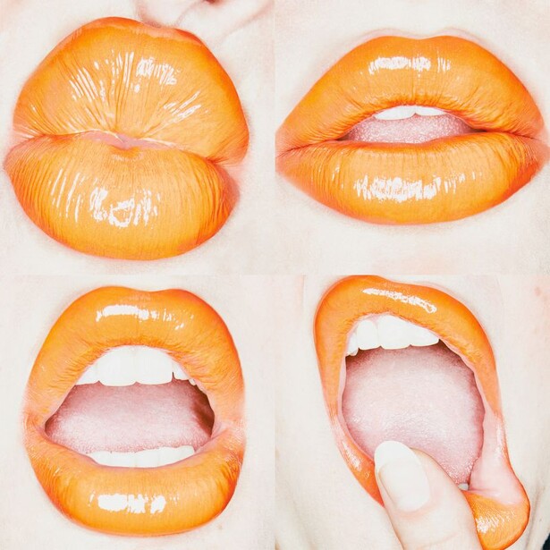 Four close-up shots of glossy orange lips arranged in a grid, progressing from closed to open-mouthed expressions.
