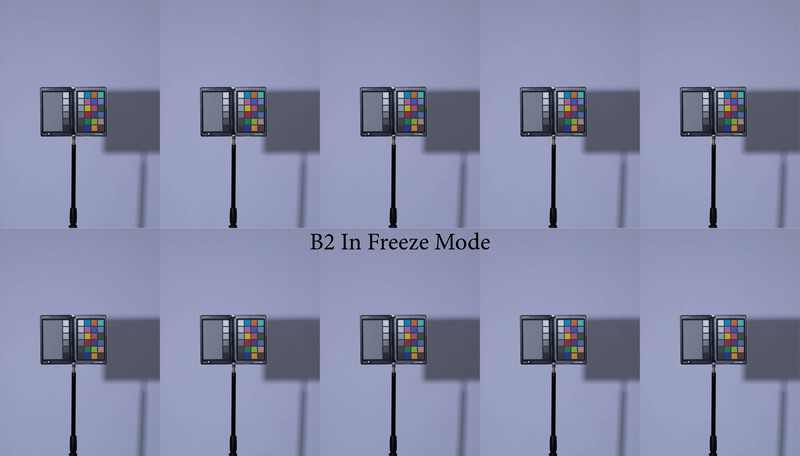 Screenshot showing ten color checker charts mounted on stands in freeze mode positioning.