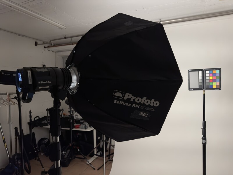 Professional studio setup with large black octagonal softbox mounted on a Profoto light fixture, with color reference chart visible on stand.