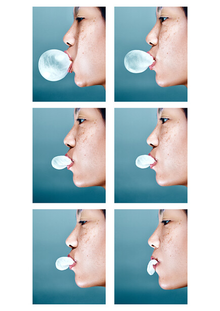 Six-panel sequence showing a person blowing bubbles of increasing size against a teal background.