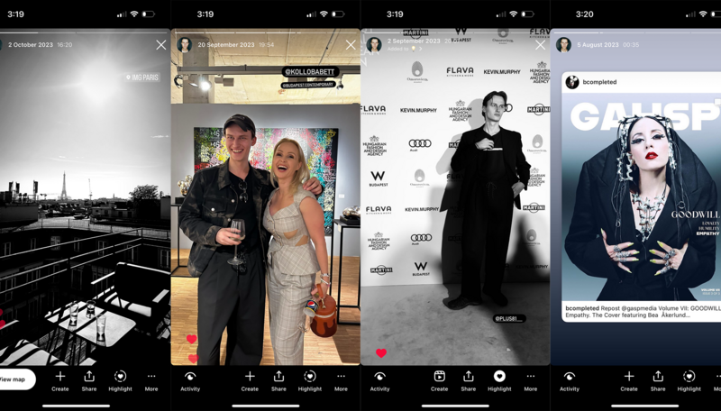 Four event photography screenshots showing formal occasions with professional lighting and posed subjects.