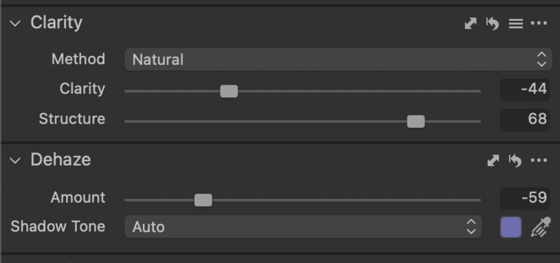 Screenshot of photo editing software showing Clarity, Dehaze, and Structure adjustment panels with sliders.