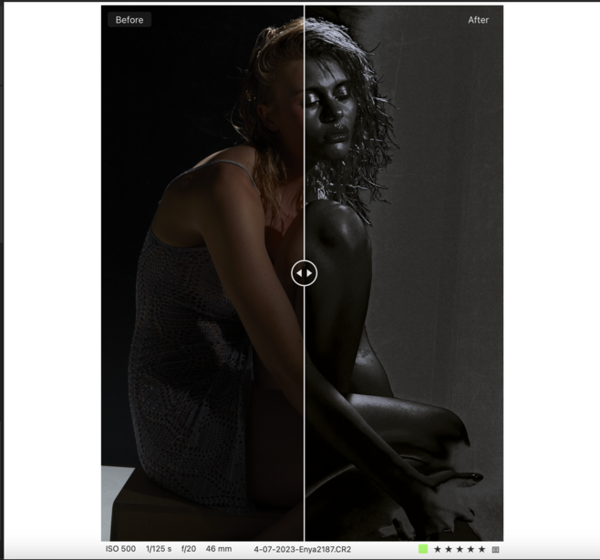 Before and after editing comparison of a portrait showing dramatic lighting adjustments on a seated figure.