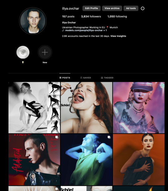Screenshot of Instagram profile grid displaying six portrait photos with vibrant colored lighting and studio backgrounds.
