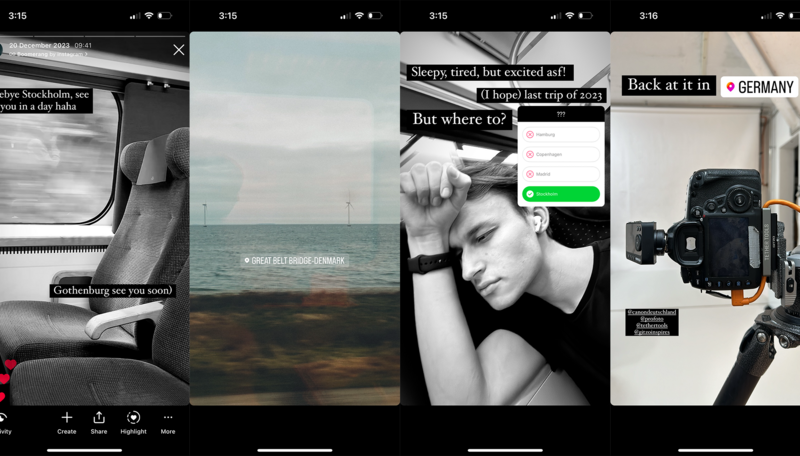 Screenshot collage of four mobile phone displays showing various photography and travel content.