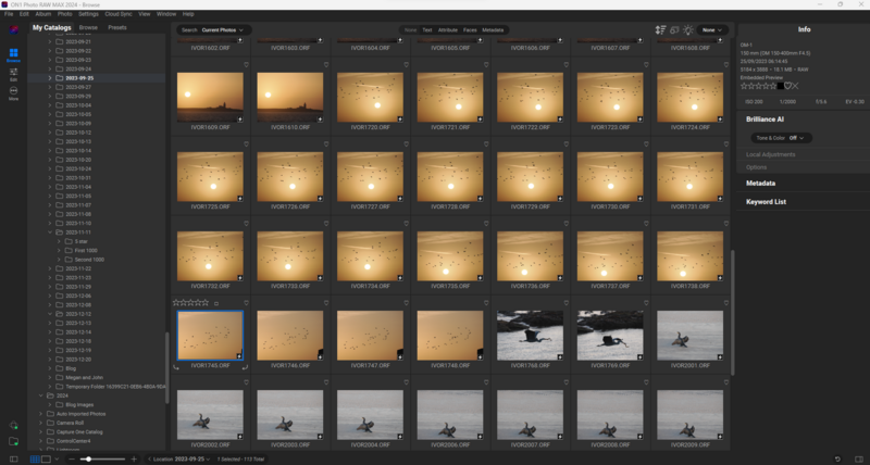 Screenshot of a photo management interface displaying a grid of sunset and silhouette images with file names and metadata visible.