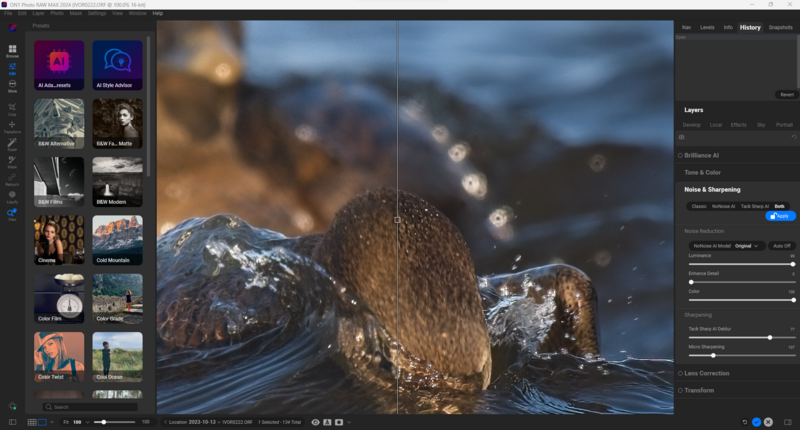 Screenshot of Affinity Photo editing interface displaying a composite image of snow-covered rocks with bokeh lights.