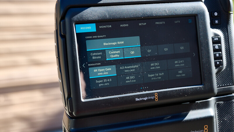 Screenshot of Blackmagic RAW codec quality settings displayed on a monitor, showing options for Blackmagic RAW, resolution, and frame rate configurations.