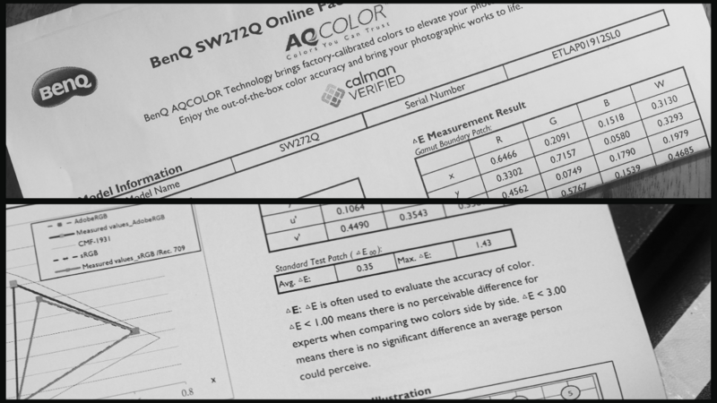 BenQ SW270Q monitor color calibration report and measurement data sheets.
