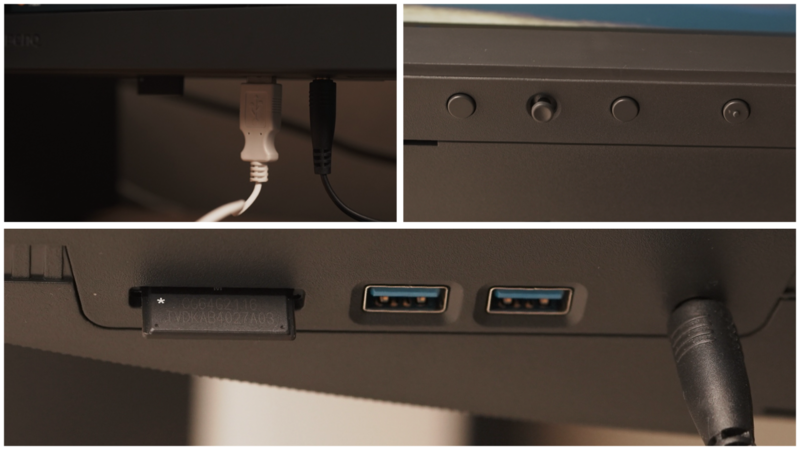 Close-up views of monitor connectivity ports and cables including USB and power connections.