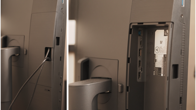 Side-by-side comparison of monitor back panels showing cable management and port layouts.