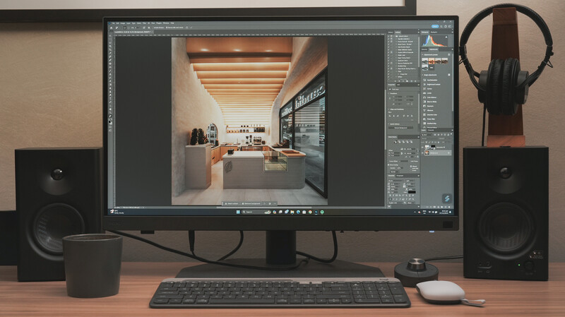 3D architectural visualization of a modern kitchen displayed in editing software on a desktop monitor.