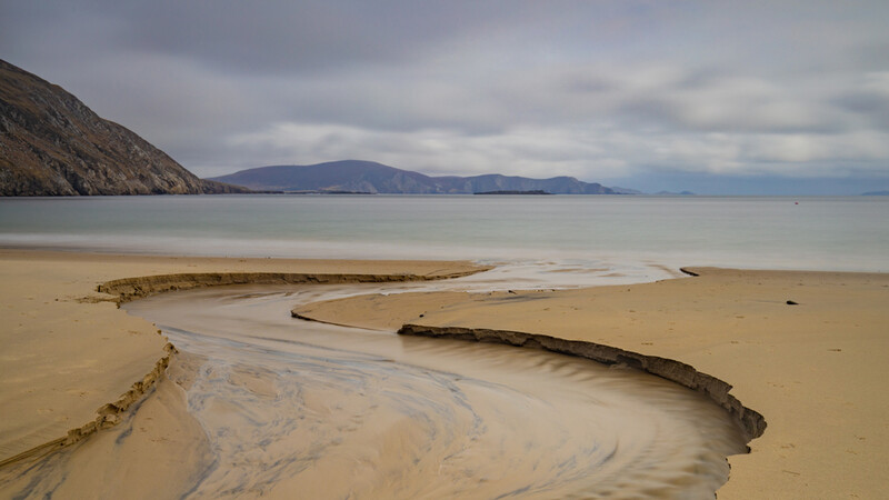 Driftwood logs arranged on wet sand with tidal patterns and mountains across the bay.