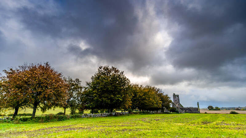 Rural landscape with scattered trees and dramatic cloudy sky over open green field.