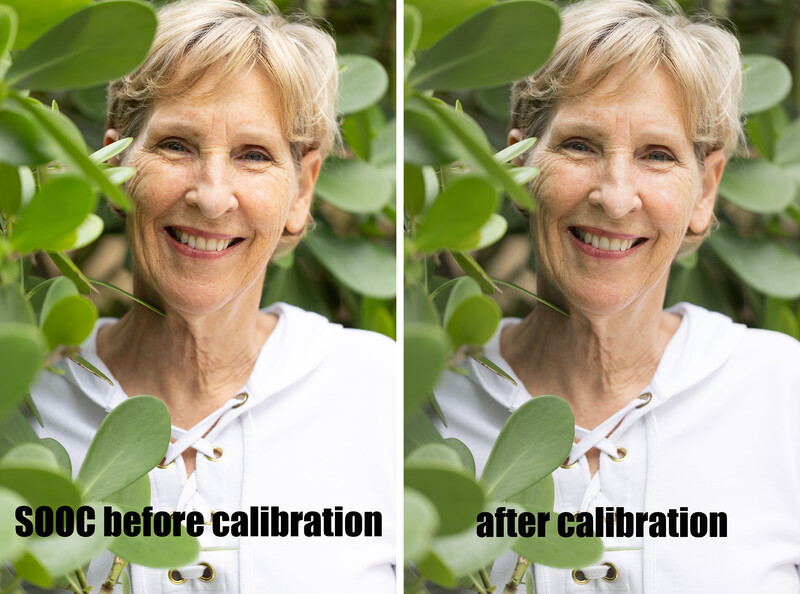 Side-by-side comparison of portrait showing SOOC and calibrated color rendering of woman outdoors.
