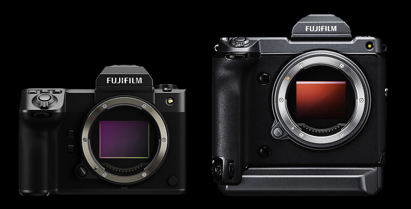 Two Fujifilm mirrorless cameras displayed side by side with sensor mounts visible.