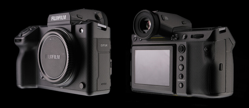 Fujifilm GFX medium format camera shown from front and back angles against black background.