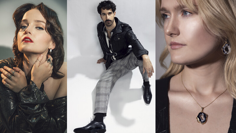 Three professional portrait photographs showcasing different styling and lighting approaches.