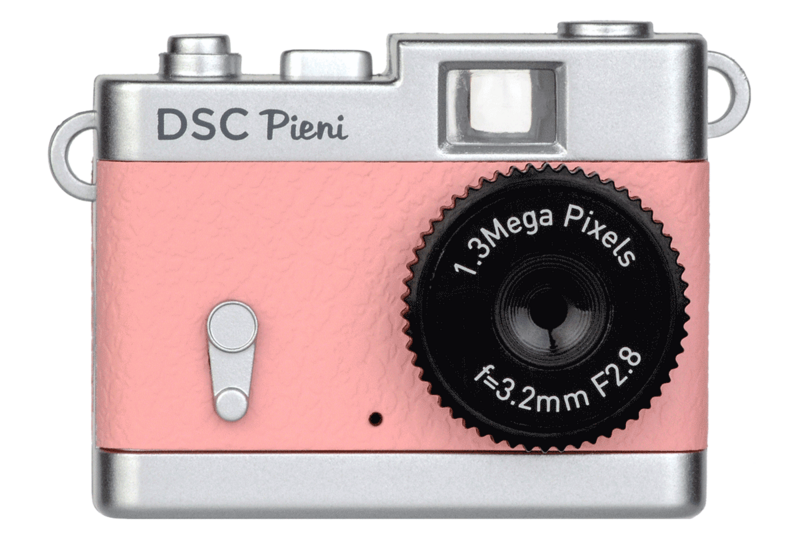 Illustration of a DSC Pieni instant camera with pink and silver body and 1.3 megapixel lens.