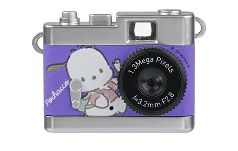 Illustration of a decorative compact camera with purple body and silver metal top and bottom plates.